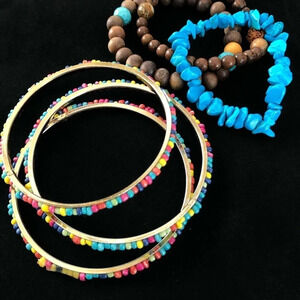 6 Piece Bracelet Lot Seed Bead Wooden Stretch Blue